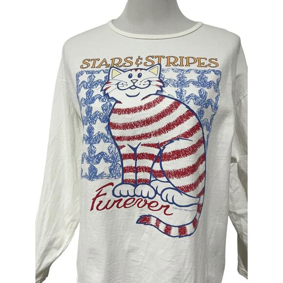Vintage 90s Y2K Women’s Cat T Shirt Stars Stripes USA Flag Alore Cotton White L - Picture 2 of 9